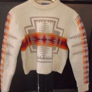 Southwestern Pattern Cream Knit Sweater with Orange & Red Accents